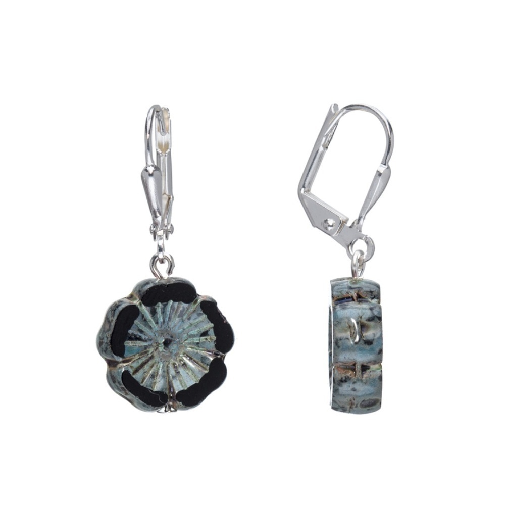 Handmade Czech Glass Flower Drop Earrings – Blue & Black – Boho Jewelry